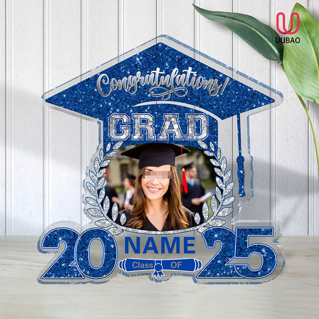 UUBAO Customized Graduation Plaque with Photo Crystal Desktop Keepsake Gift (Blue and Silver)