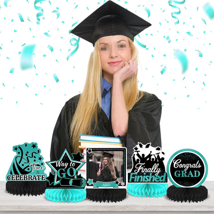 UUBAO 9 PCS Custom Graduation Party Honeycomb Centerpieces Class of 2025 Congrats Grad Decorations Congratulate Graduation Table Toppers for Graduation Party Favor Supplies (Peacock Blue)