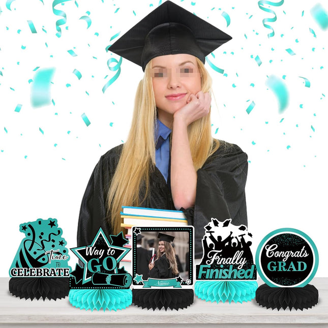 UUBAO 9 PCS Custom Graduation Party Honeycomb Centerpieces Class of 2025 Congrats Grad Decorations Congratulate Graduation Table Toppers for Graduation Party Favor Supplies (Peacock Blue)