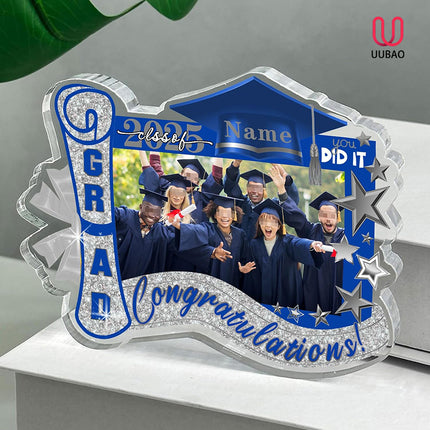 UUBAO Customized Graduation Plaque with Photo Crystal Desktop Keepsake Gift (Blue and Silver)
