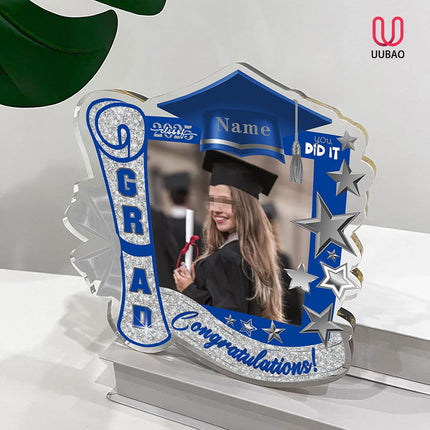 UUBAO Customized Graduation Plaque with Single Picture Custom Picture 2025 Congrats Grad Crystal Desktop Farewell Keepsake Gift (Blue and Silver)