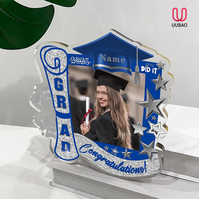 UUBAO Customized Graduation Plaque with Single Picture Custom Picture 2025 Congrats Grad Crystal Desktop Farewell Keepsake Gift (Blue and Silver)