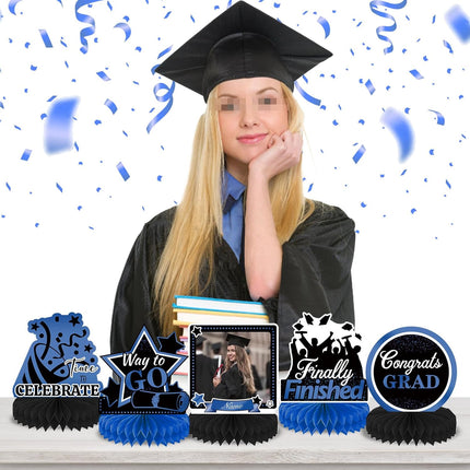 UUBAO 9 PCS Custom Graduation Party Honeycomb Centerpieces Class of 2025 Congrats Grad Decorations Congratulate Graduation Table Toppers for Graduation Party Favor Supplies (Navy Blue)