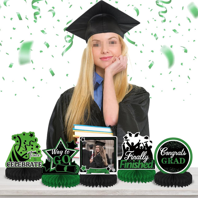 UUBAO 9 PCS Custom Graduation Party Honeycomb Centerpieces Class of 2025 Congrats Grad Decorations Congratulate Graduation Table Toppers for Graduation Party Favor Supplies (Dark Green)