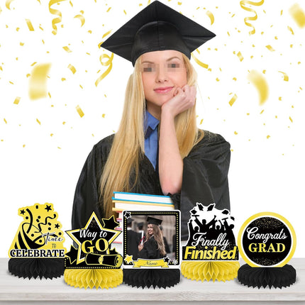 UUBAO 9 PCS Custom Graduation Party Honeycomb Centerpieces Class of 2025 Congrats Grad Decorations Congratulate Graduation Table Toppers for Graduation Party Favor Supplies (Yellow)