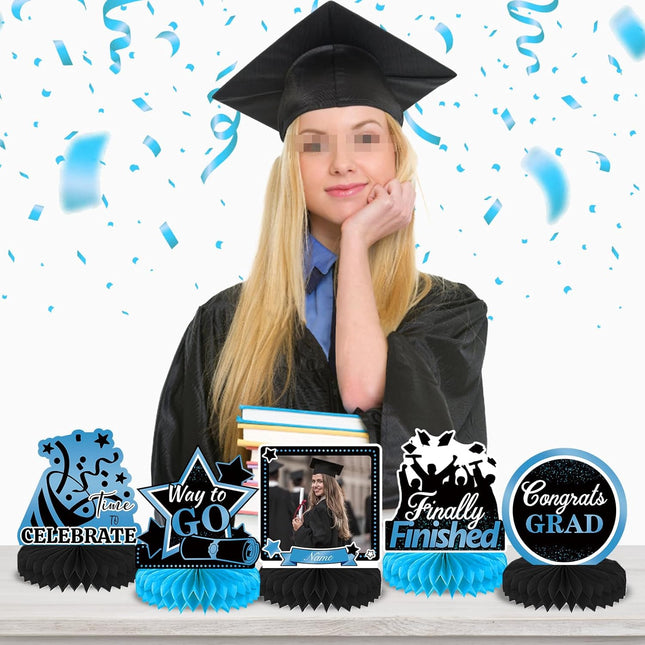 UUBAO 9 PCS Custom Graduation Party Honeycomb Centerpieces Class of 2025 Congrats Grad Decorations Congratulate Graduation Table Toppers for Graduation Party Favor Supplies (Sky Blue)